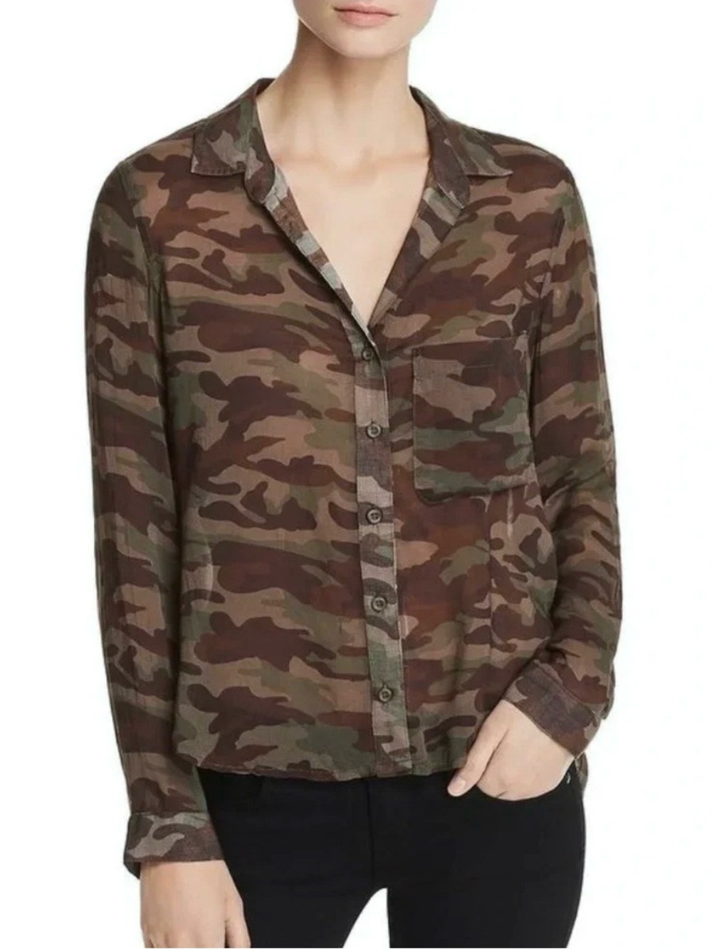 Bella Dahl Sheer Camo Button Down Long Sleeve Top Military Army Luxury Size XS
